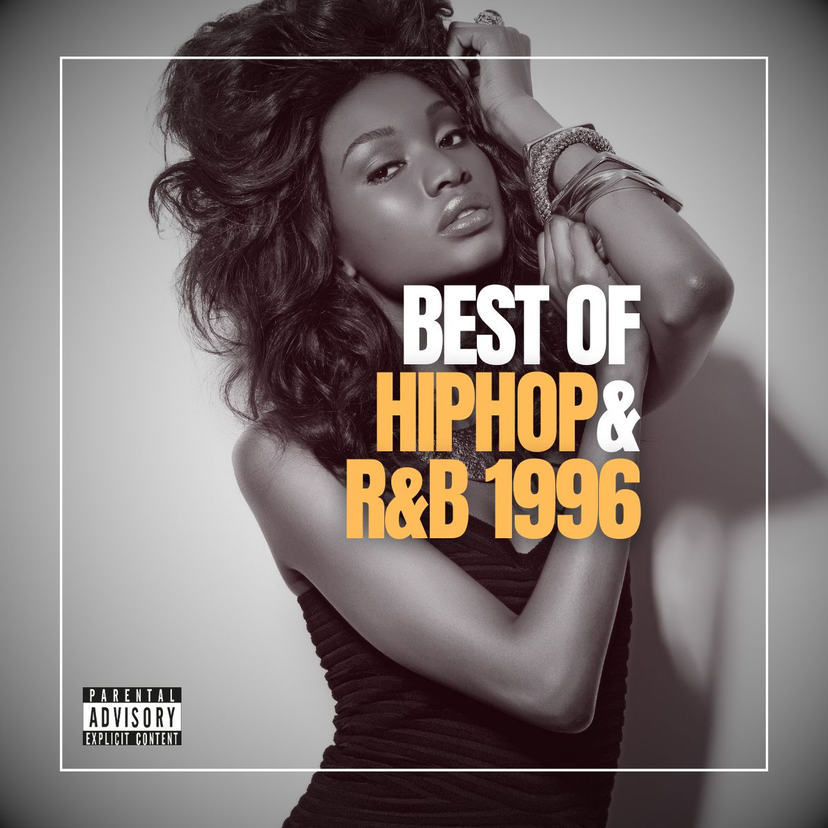 Beautiful dark woman with her head leaning back and hand in her hair with the words best of hip-hop & R&B 1996.