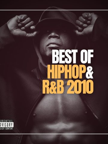 A muscular black man wearing a hooded sweatshirt and pulling a hood over his cap with the words "Best of Hip-Hop & R&B 2010" on it.