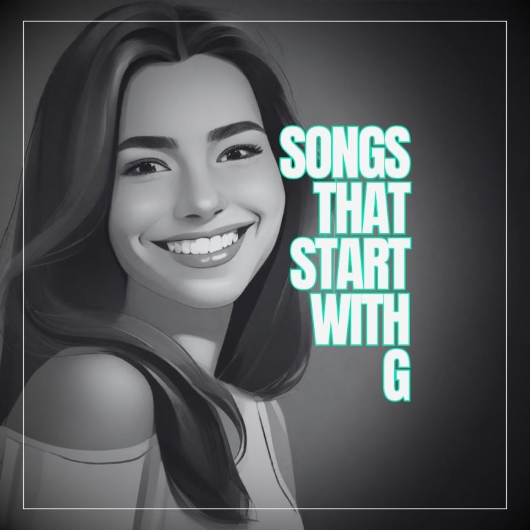 Beautiful young woman smiling in cartoon style with the text songs that start with g.
