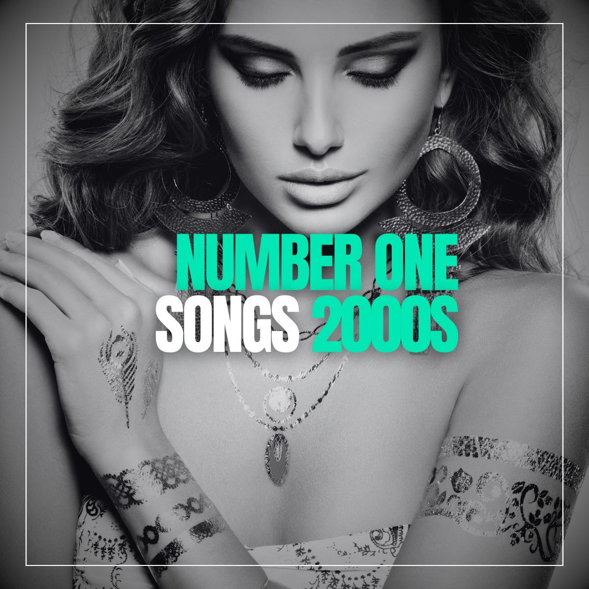 Beautiful woman with long hair and earrings and wearing a necklace with the words number one songs 2000s.